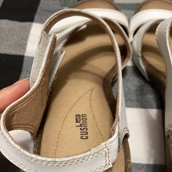 Clarks | Shoes | Clarks Soft Cushion Wedge Leather Sandals White | Poshmark